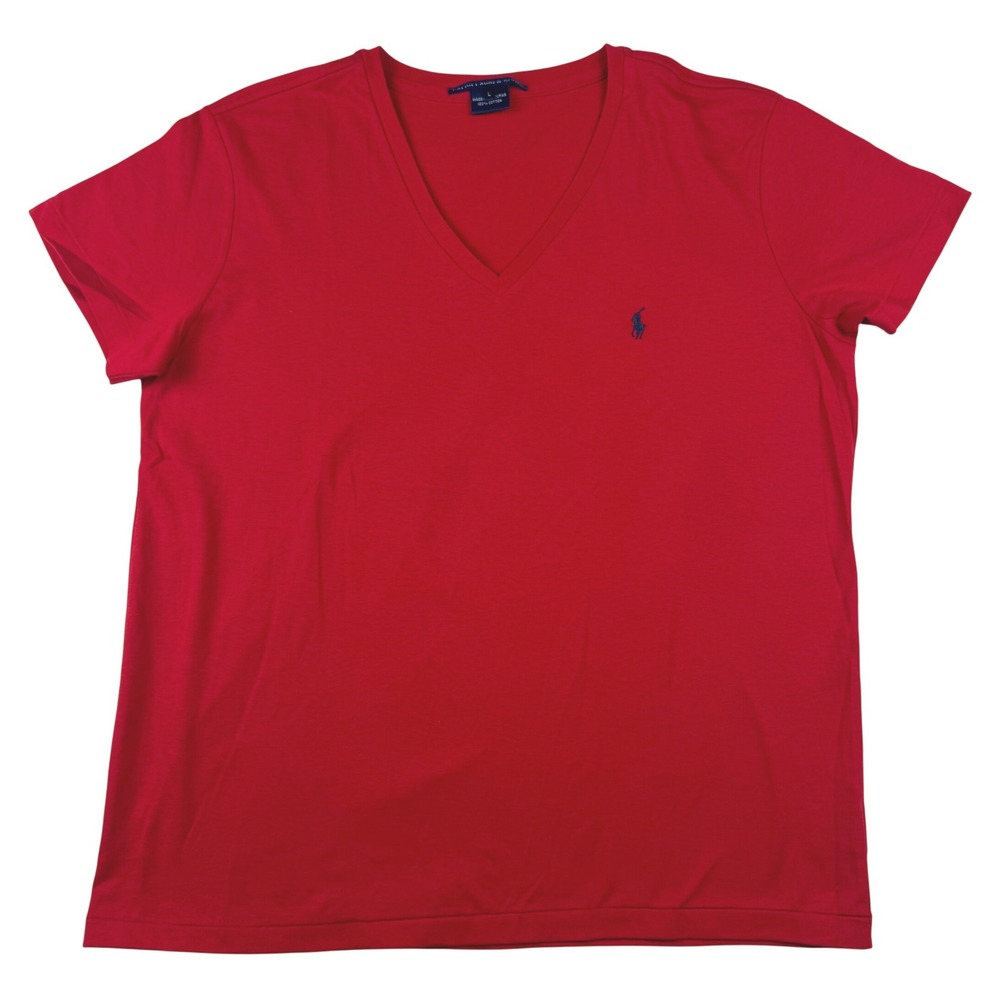 Ralph Lauren Sport V-Neck Tee Women Large Red Short Sleeve Pony Logo Preppy